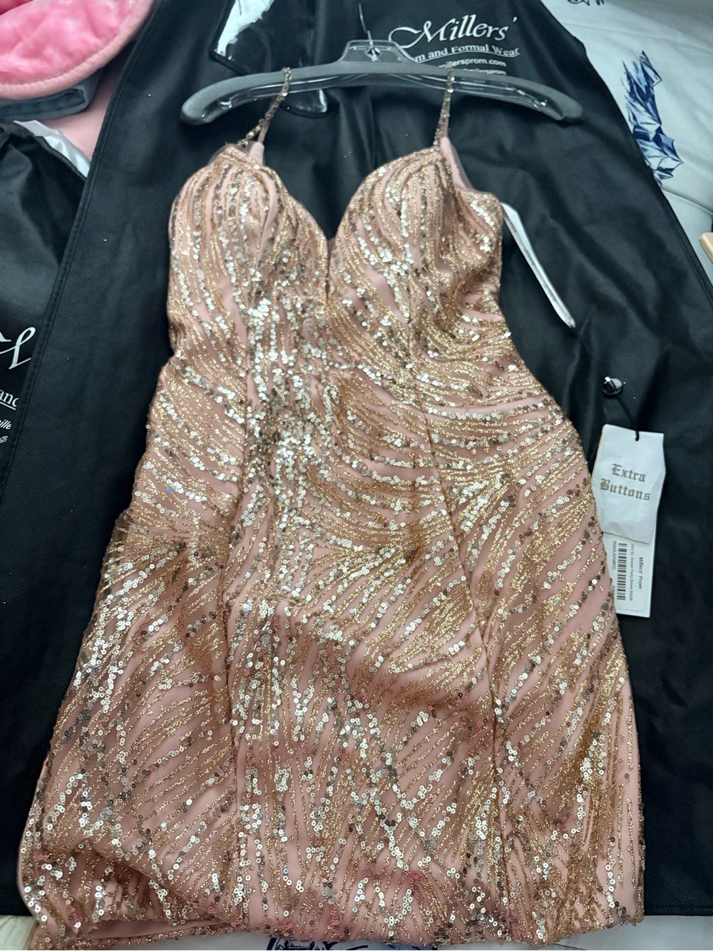 JVN by Jovani Rose Gold Sequin Spaghetti Strap Prom Dress